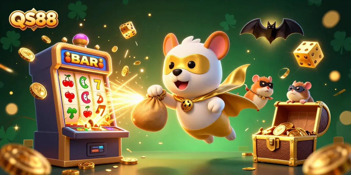 Experience the excitement of QS88 with a superhero dog and hamster in action amidst a jackpot explosion.