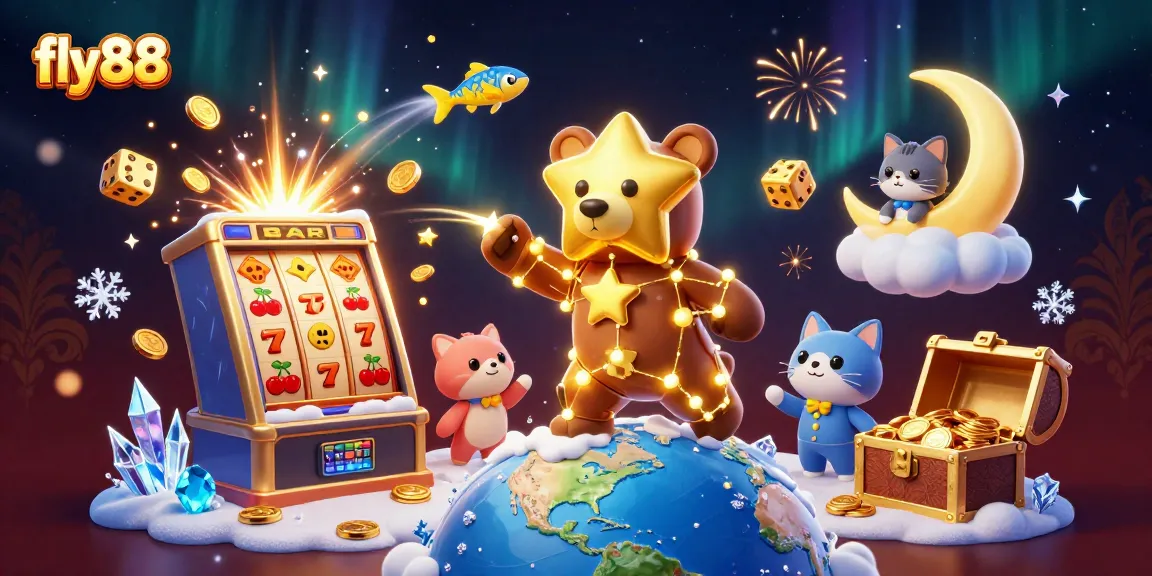 Experience the magic of fly88 with a delightful 3D scene of whimsical characters, vibrant casino games, and festive jackpots.