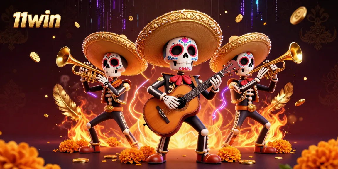 11WIN promotes excitement with a vibrant 3D mariachi band in a dynamic gambling setting.