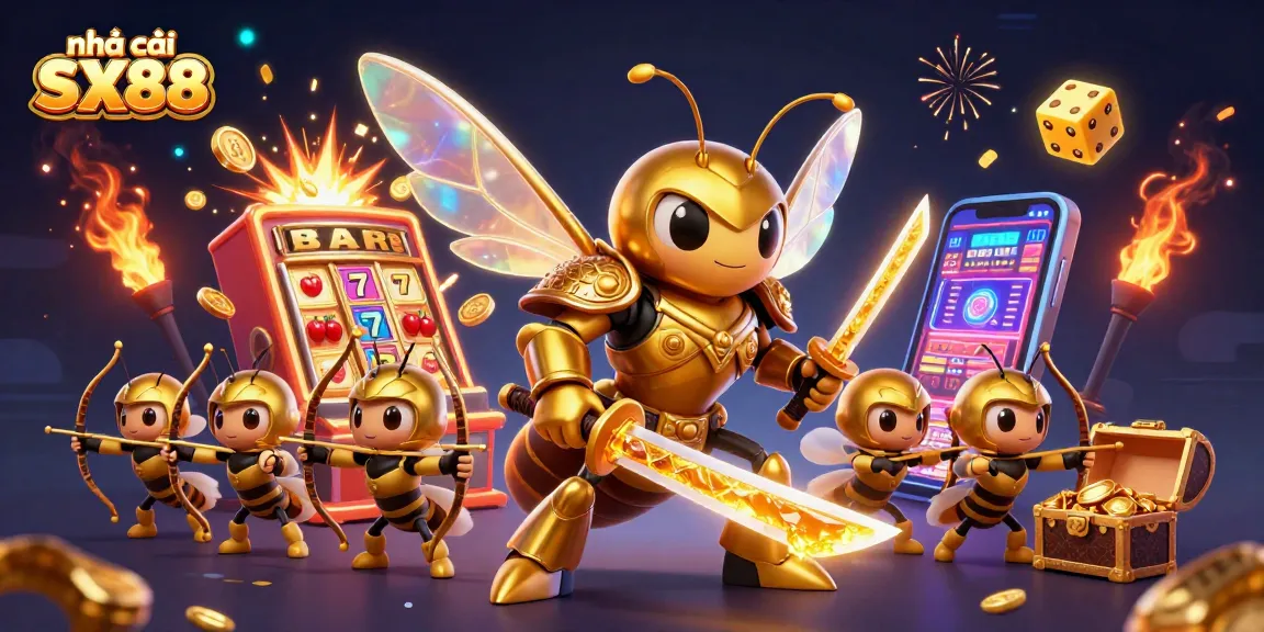 Experience the excitement at nhà cái SX88 with vibrant symbols and characters in this stunning illustration