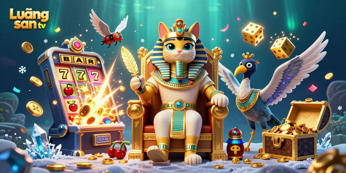 Lương sơn tv enhances your gaming experience with a vibrant 3D casino scene, showcasing a pharaoh cat and gambling action.