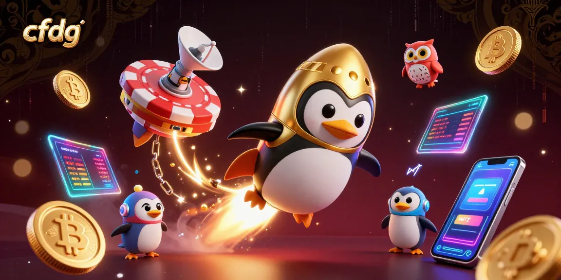 Experience thrilling gaming with cfdg, a golden penguin soaring towards the casino universe.