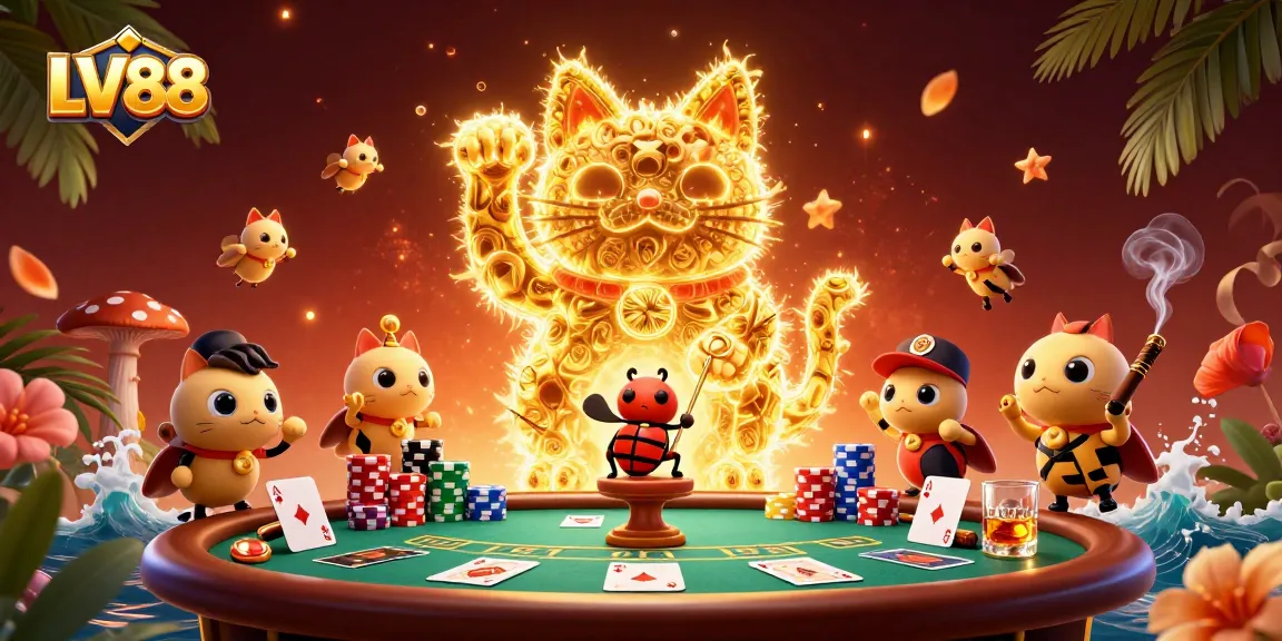 Experience the vibrant world of LV88 with dynamic golden fireflies and rich casino elements.