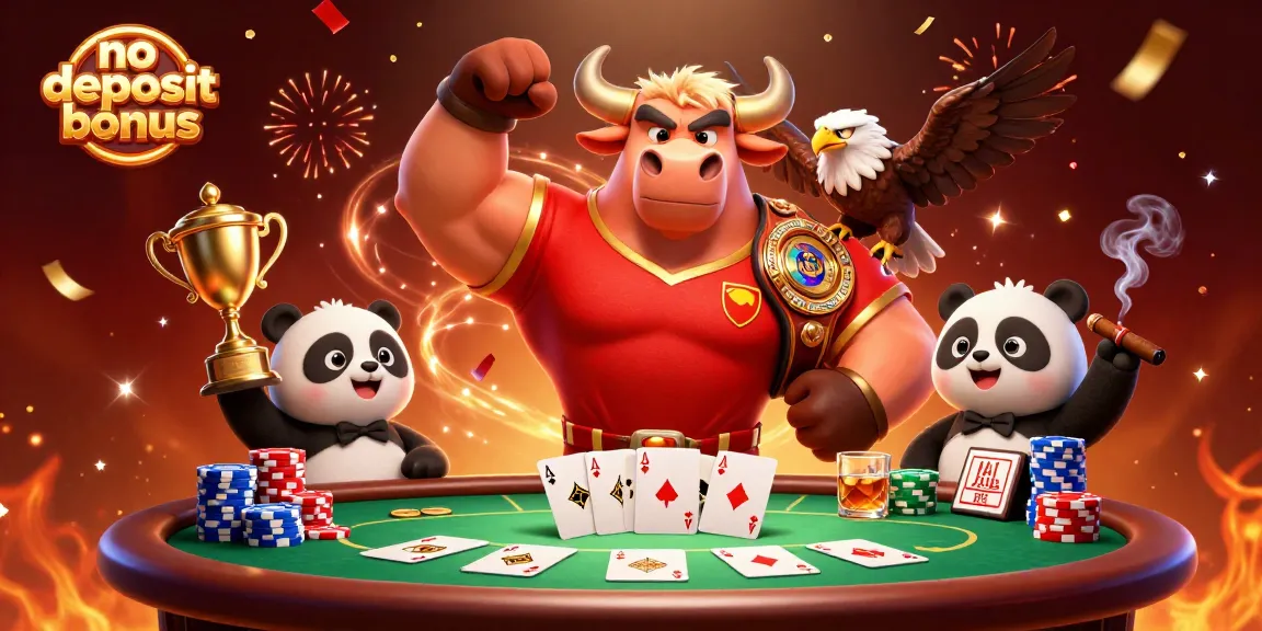 Win big with no deposit bonus as the bull celebrates poker victory with friends.
