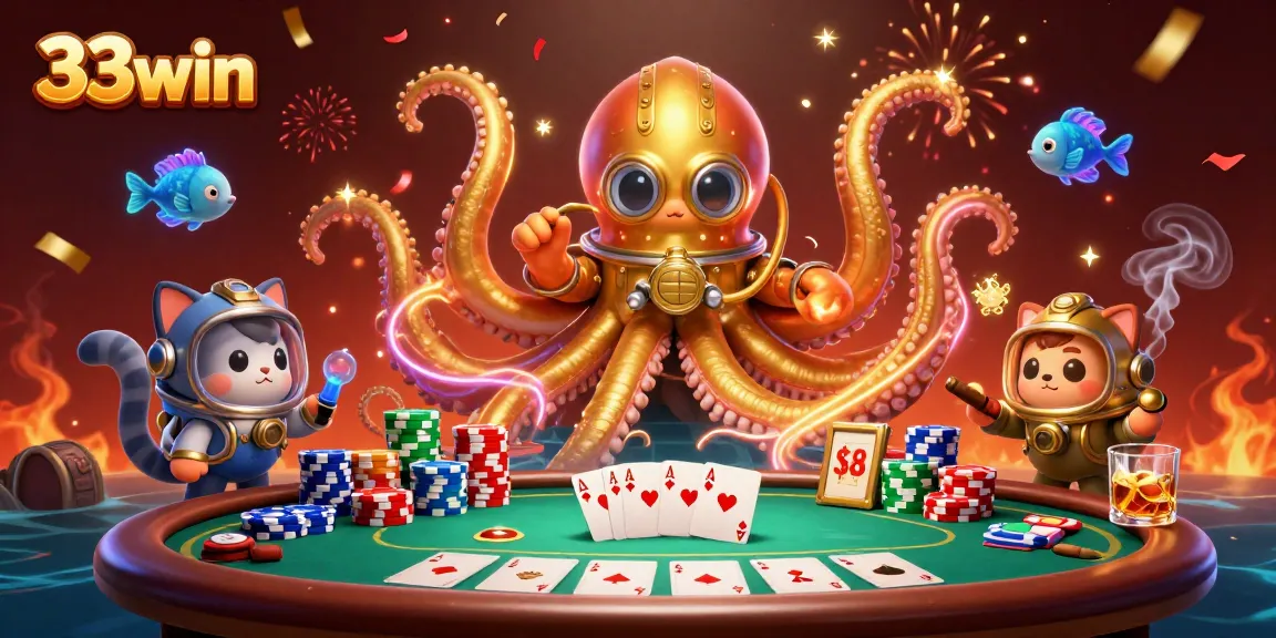 Explore the exciting world of 33win with this vibrant illustration featuring a kraken and poker elements.