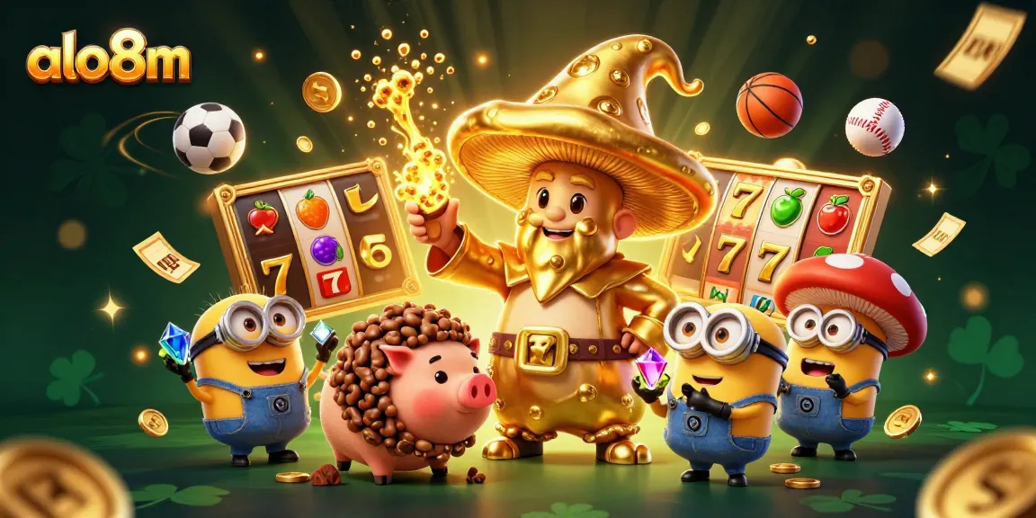 Engage in thrilling gaming experiences with alo8m's magical scene of a golden mushroom wizard and treasure hunts.
