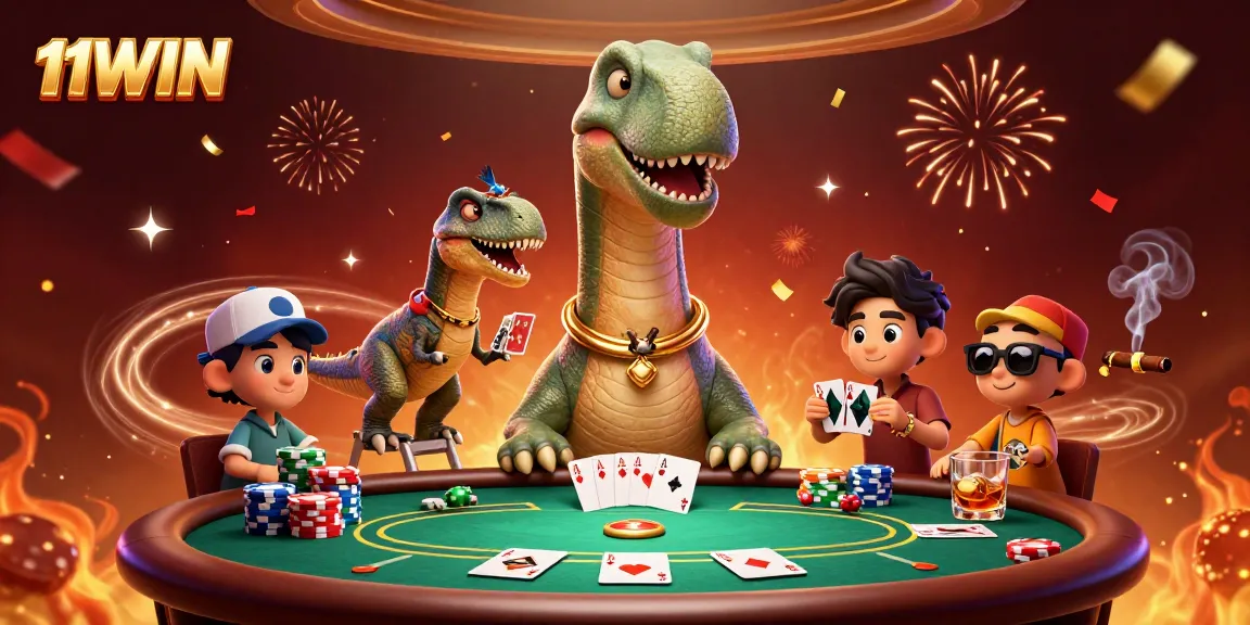 Engage with 11WIN casino excitement as a brontosaurus oversees poker action below.