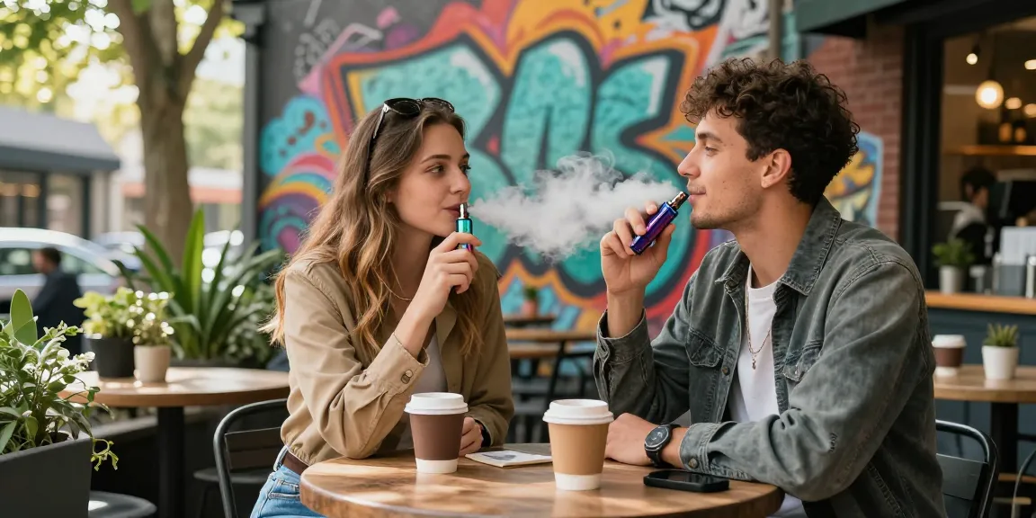 Enjoying top disposable vapes in usa at a trendy café with vibrant street art.