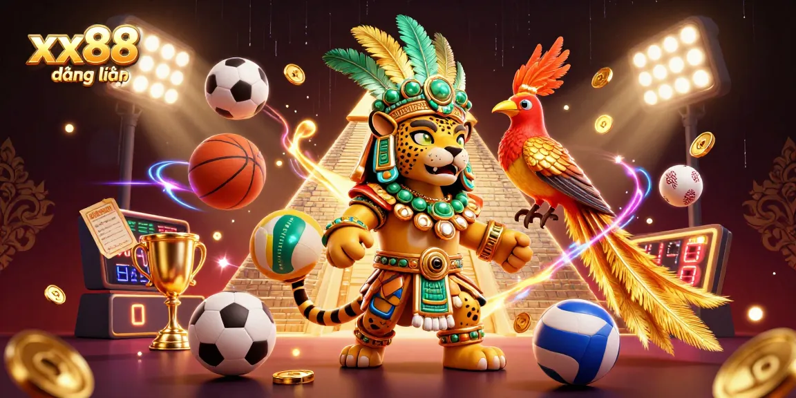 Win big at xx88 đăng nhập with our vibrant 3D casino-themed illustration showcasing dynamic sports elements and a Mayan priest.