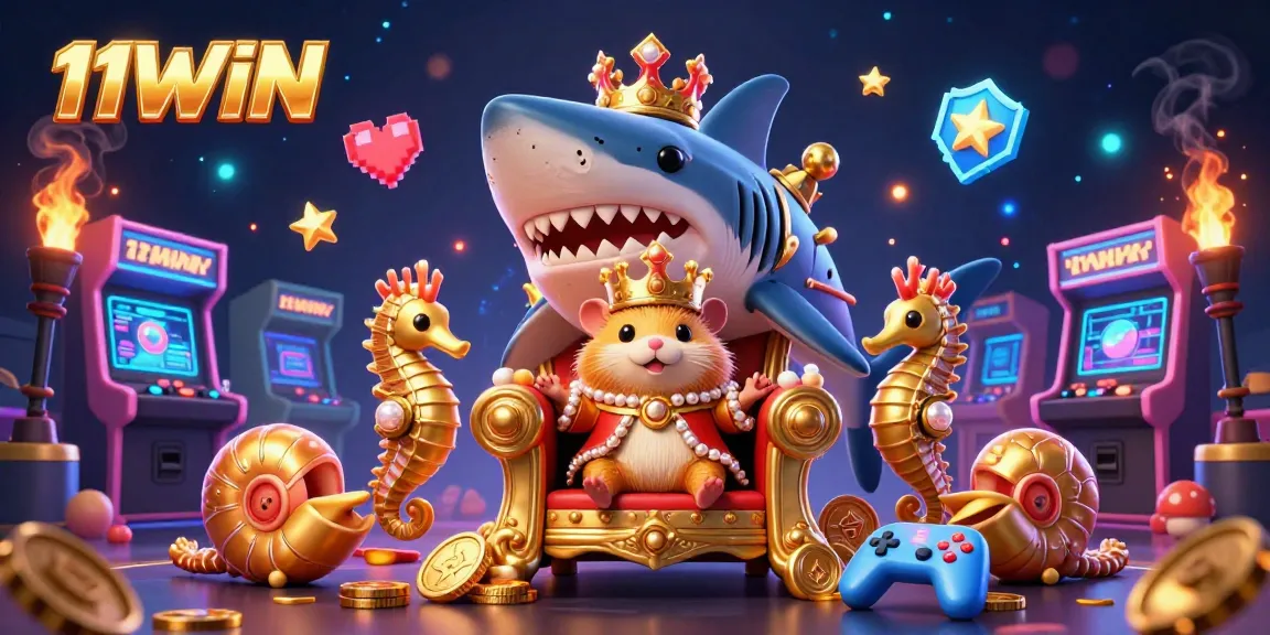 Experience the excitement of 11WIN with a detailed illustration featuring a golden hamster king amidst vibrant casino elements.