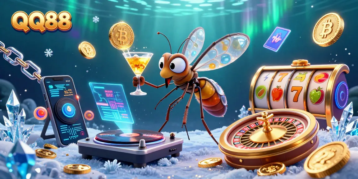 Place your bets on QQ88 with a vibrant casino scene featuring lively characters and crypto elements.