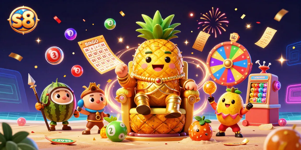 Engage in fun with the s8 golden pineapple king in a vibrant casino scene filled with lottery excitement.