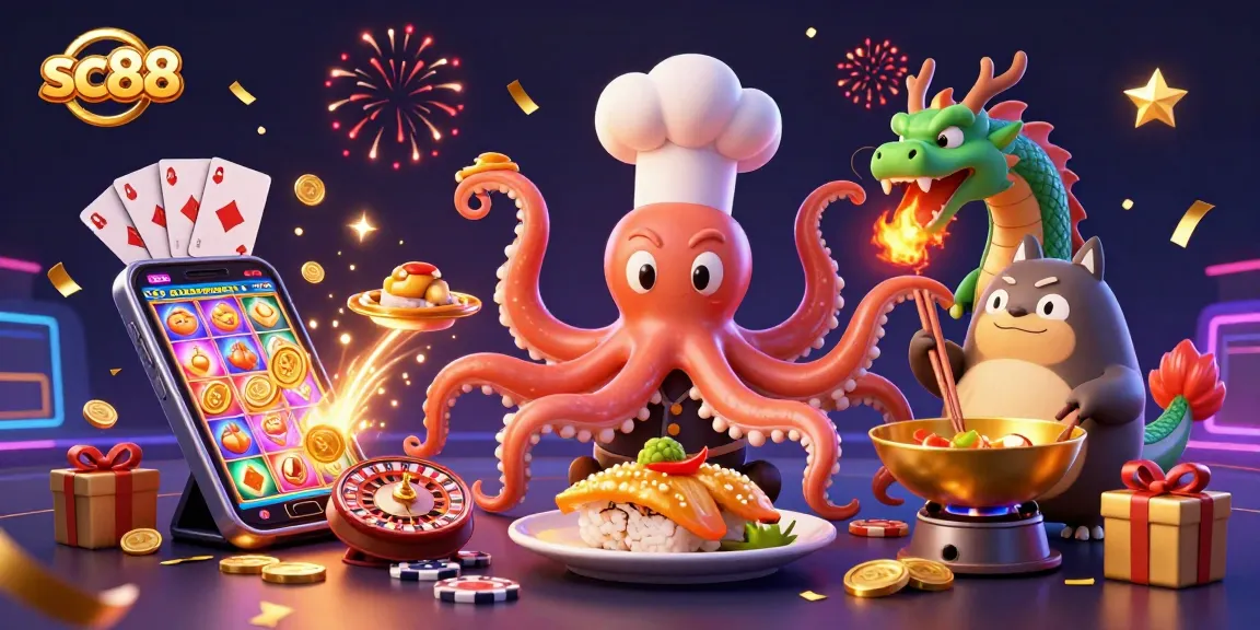 Win big with sc88 at this vibrant 3D casino scene featuring a sushi chef and energetic characters.