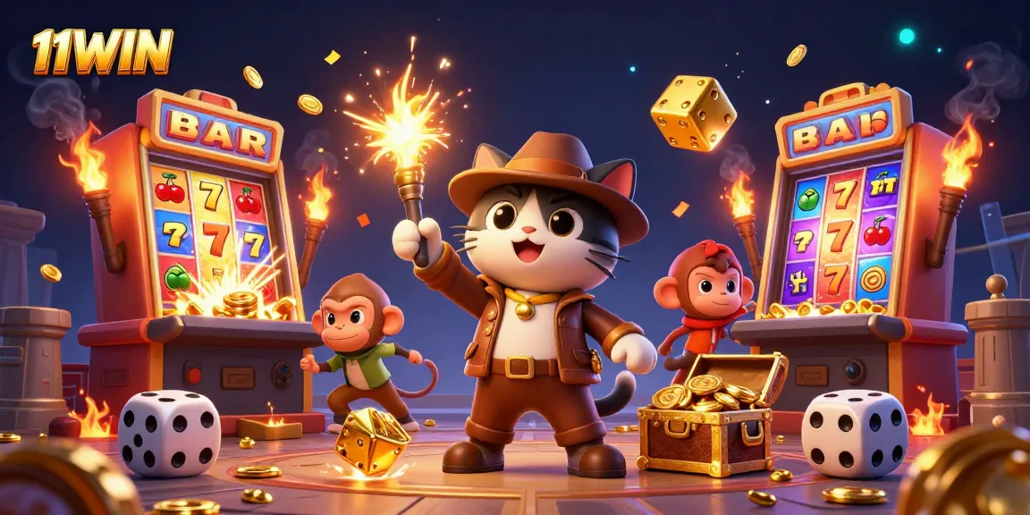 Experience the thrill of winnings at 11WIN with vibrant golden artifacts and dynamic casino elements.