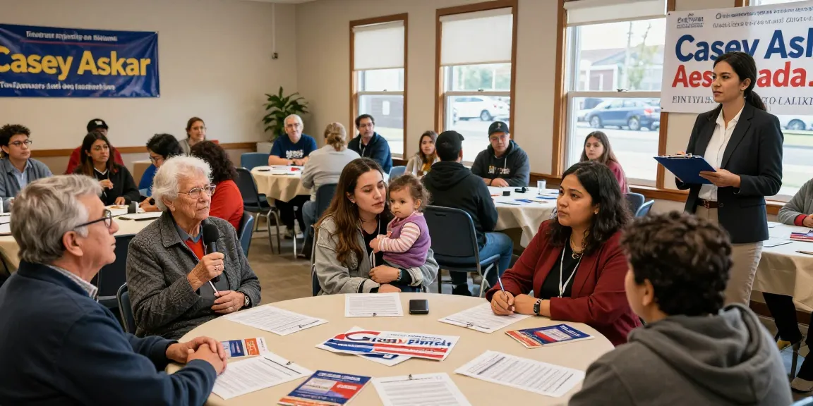 Community members passionately discussing Casey Askar's political campaign in a town hall meeting, showcasing civic engagement and transparency.