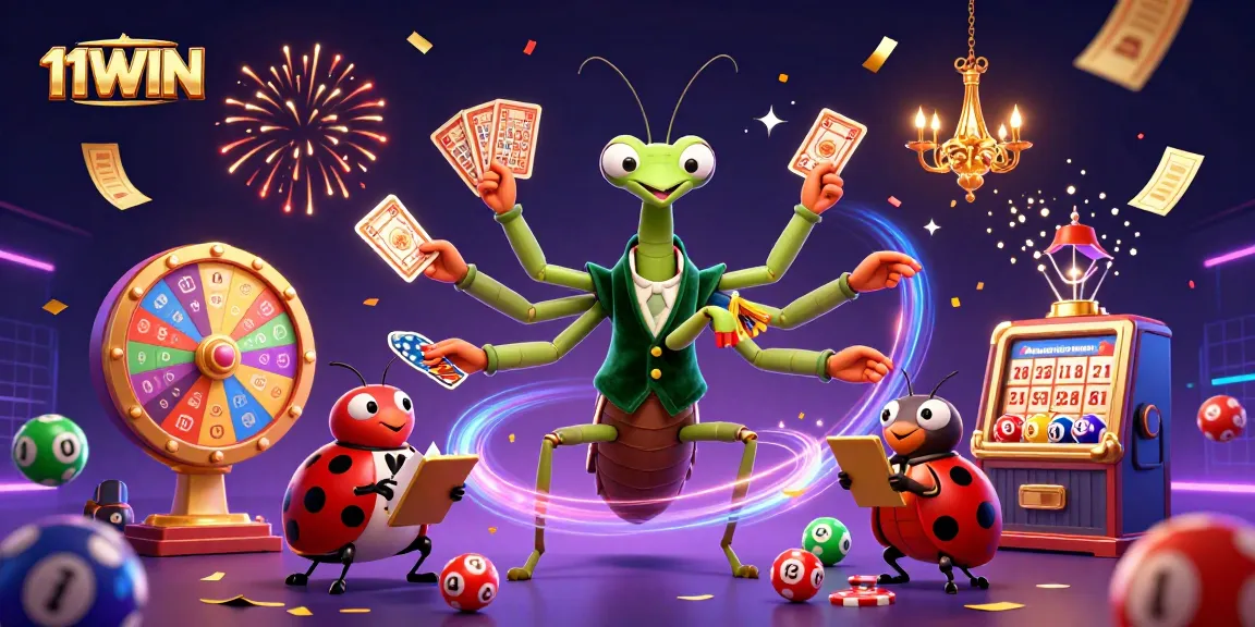 Engage with 11WIN's vibrant casino artwork featuring a dynamic mantis card sharp and cheerful ladybug.