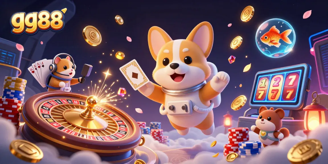 Experience thrilling wins at gg88 with a vibrant 3D casino scene showcasing a playful astronaut corgi and dynamic gaming elements.