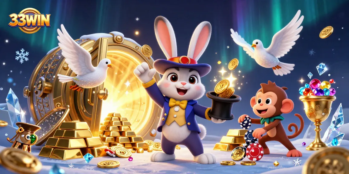 Experience thrilling wins with 33WIN as magical characters pull coins and treasures in a dynamic casino scene.