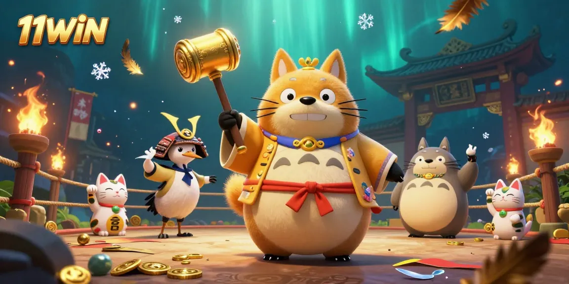Experience the thrill of winning with 11WIN in this vibrant 3D casino-themed illustration featuring joyful characters.