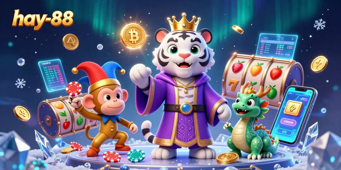 Experience thrilling slots with hay-88 in a vibrant 3D casino world featuring unique characters and crypto elements.
