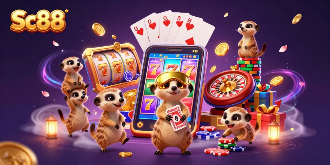 Engage with Sc88 through an ultra-detailed 3D illustration of meerkats running a vibrant casino, showcasing exciting gambling elements.