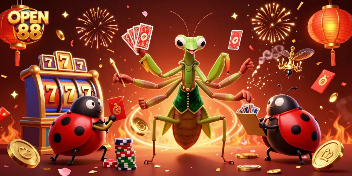 Experience the thrilling world of OPEN 88 with a vibrant 3D illustration featuring dynamic casino elements.