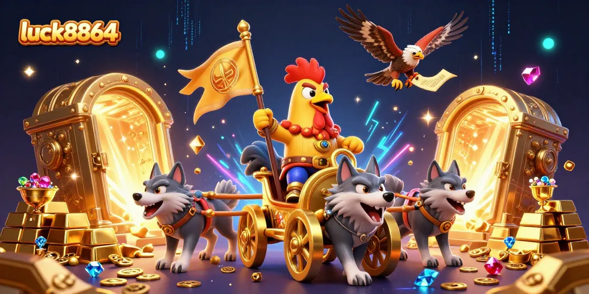 Experience thrill and riches with luck8864 in a vibrant 3D casino adventure illustration.
