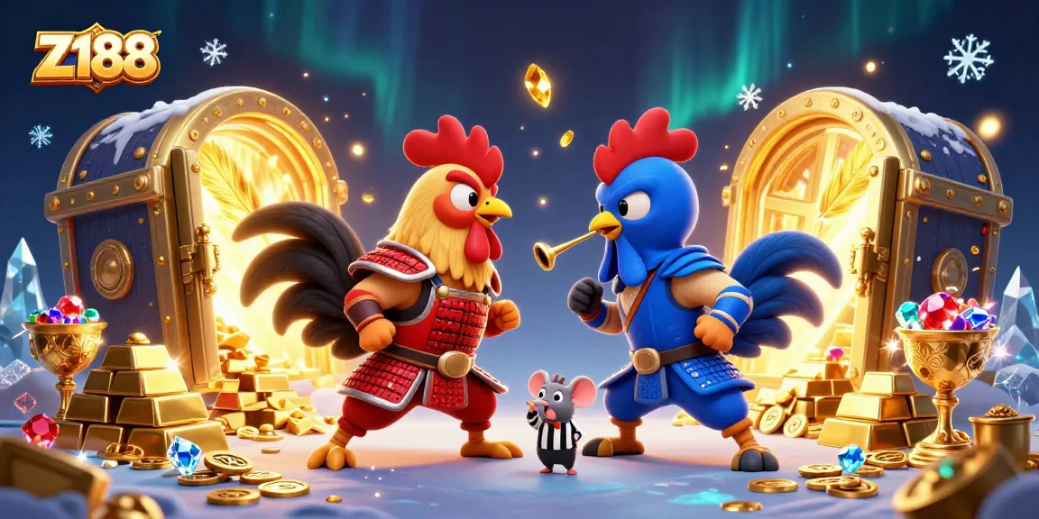 Z188 offers thrilling rooster battles in a visually spectacular casino scene, showcasing dynamic action and luxurious treasures.