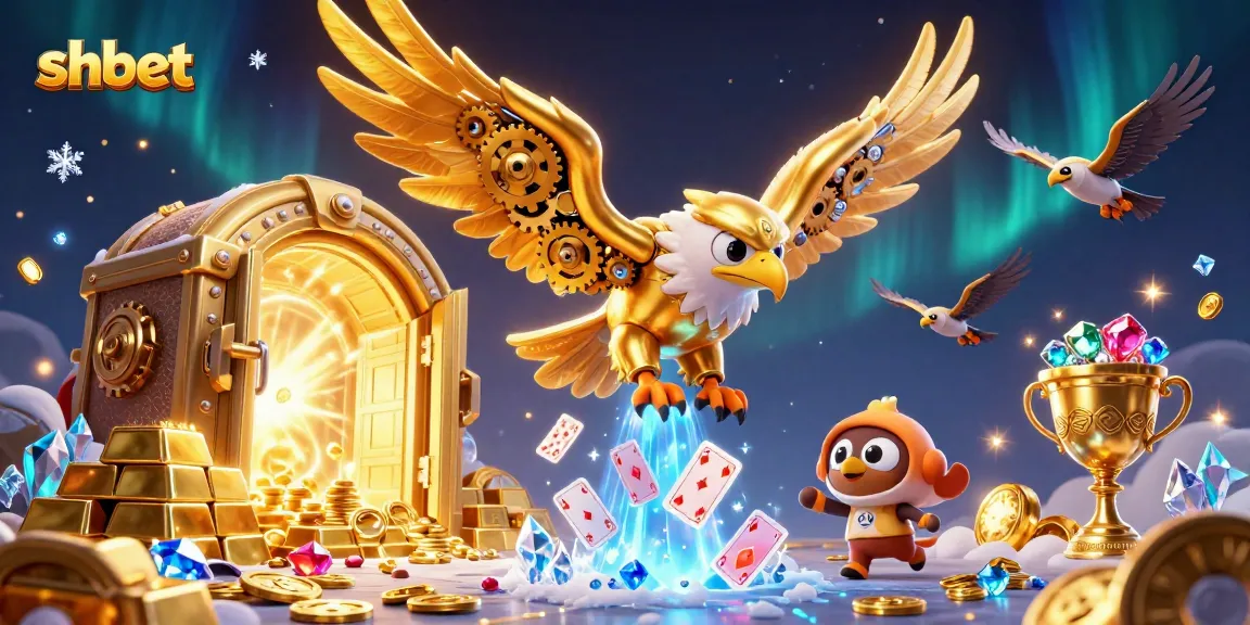 Experience thrilling gameplay at shbet with a cybernetic eagle soaring over treasure and casino elements.