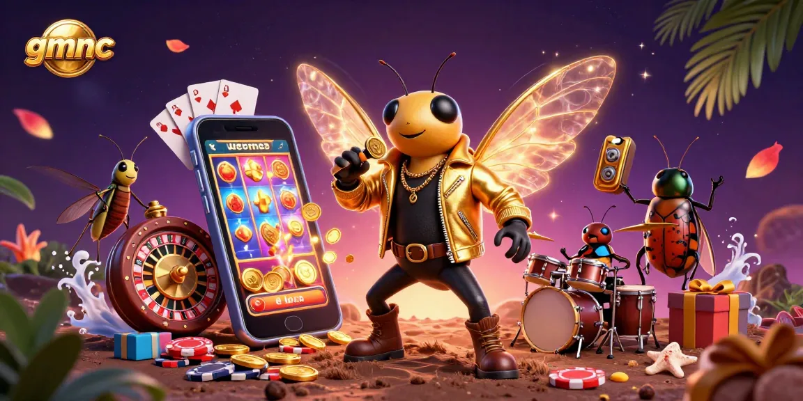 Engage with gmnc's vibrant 3D illustration of a rock star cicada amidst thrilling casino elements, attracting players.