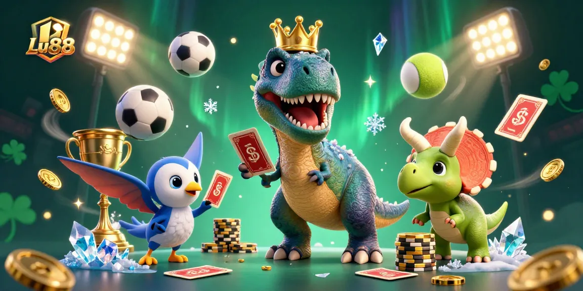 Experience the thrill of Lu88 with a 3D cartoon illustration featuring a T-Rex shuffling cards in a vibrant casino scene.