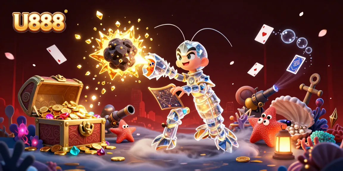 Engage with U888's vibrant casino world featuring a galactic mantis shrimp and a starfish.