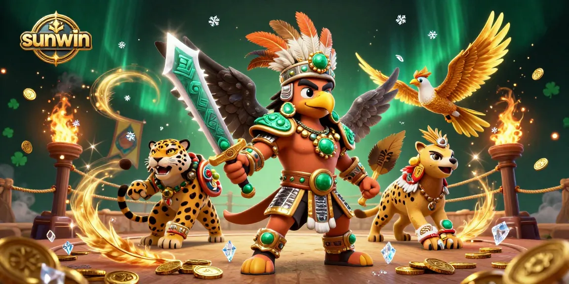 Join the sunwin experience with Aztec warriors battling in a lavish casino setting filled with treasures.