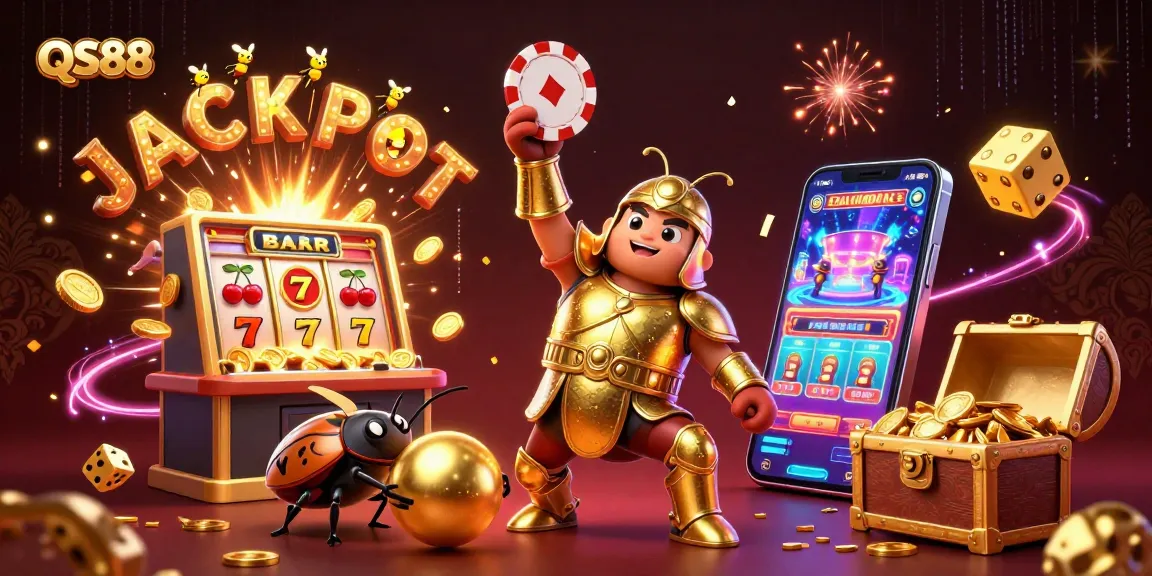 Victory moment at QS88 with beetles and jackpot-themed elements in a vibrant casino scene