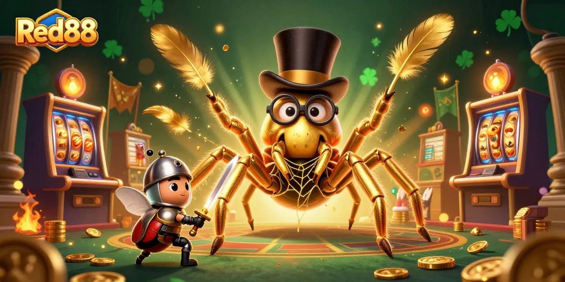 Experience the thrill of Red88 as a golden tarantula spins a winning web among casino treasures.