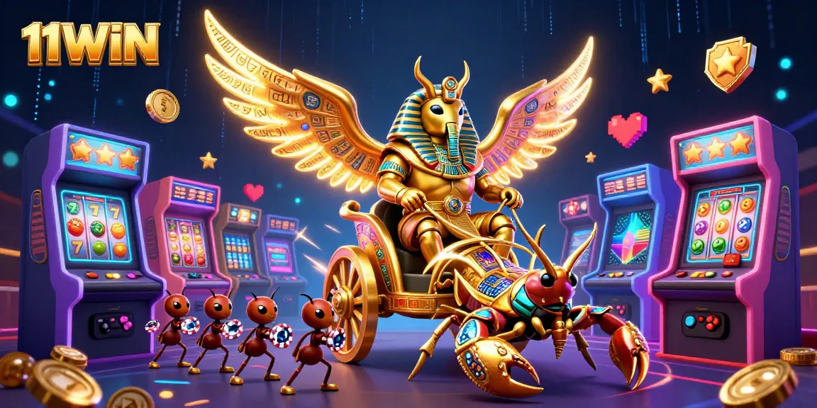 Experience thrilling gameplay with 11WIN as a scarab beetle character rides through a dazzling casino landscape.