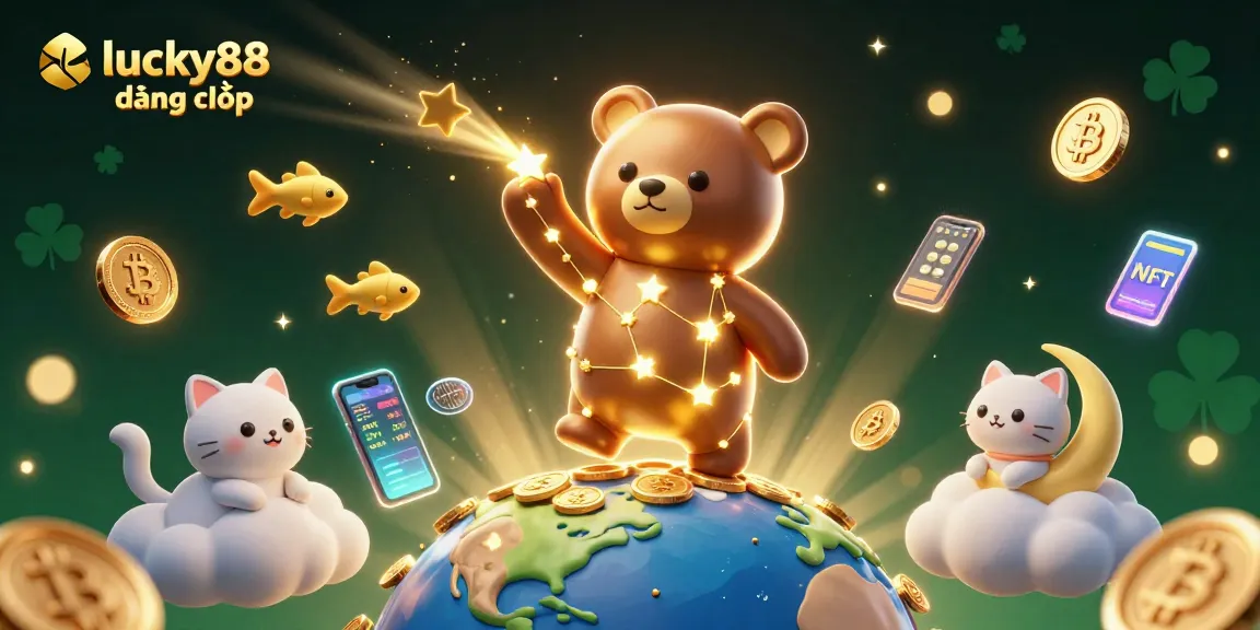 Play games with lucky88 đăng nhập as the constellation bear gathers coins while surrounded by crypto elements.