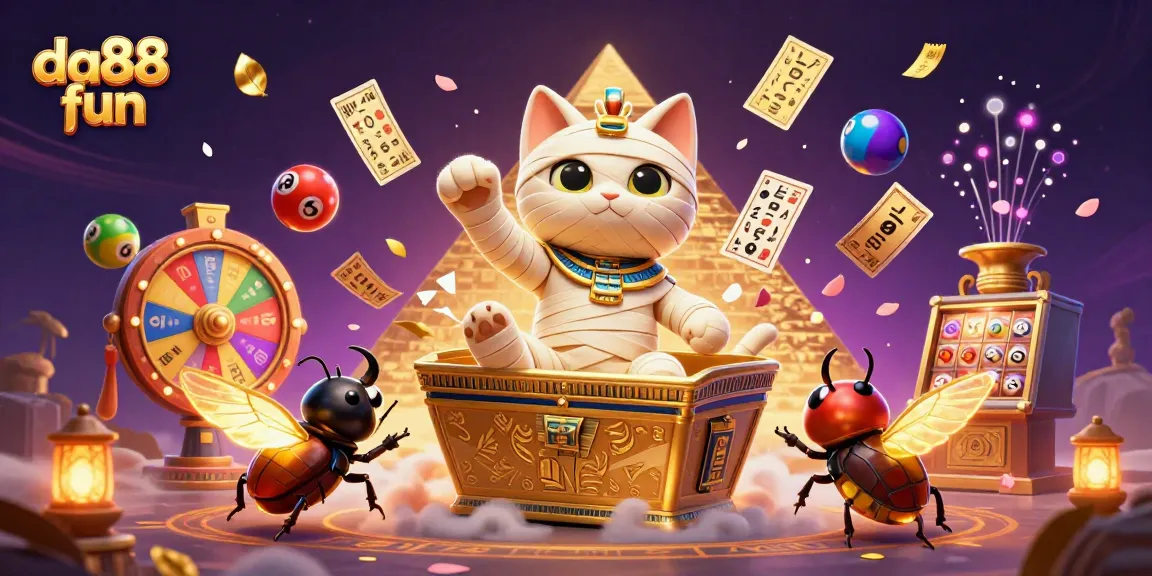 Win big in da88 fun with a vibrant image featuring a mummy cat, lottery balls, and a dazzling casino vibe.