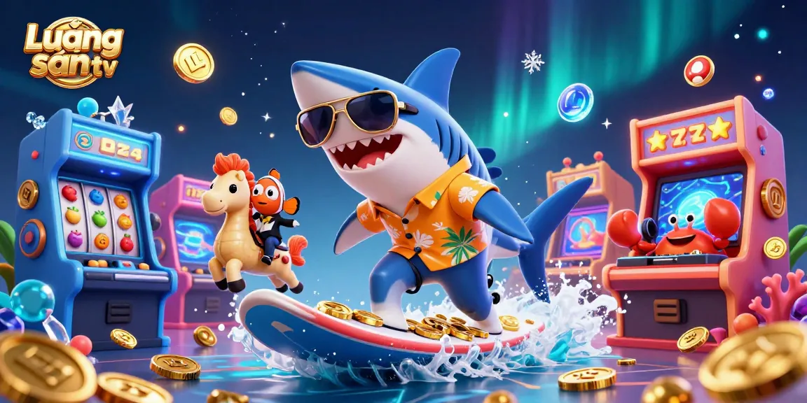 Lương sơn tv showcases a vibrant scene of a shark surfing on gold coins in a lively casino atmosphere.