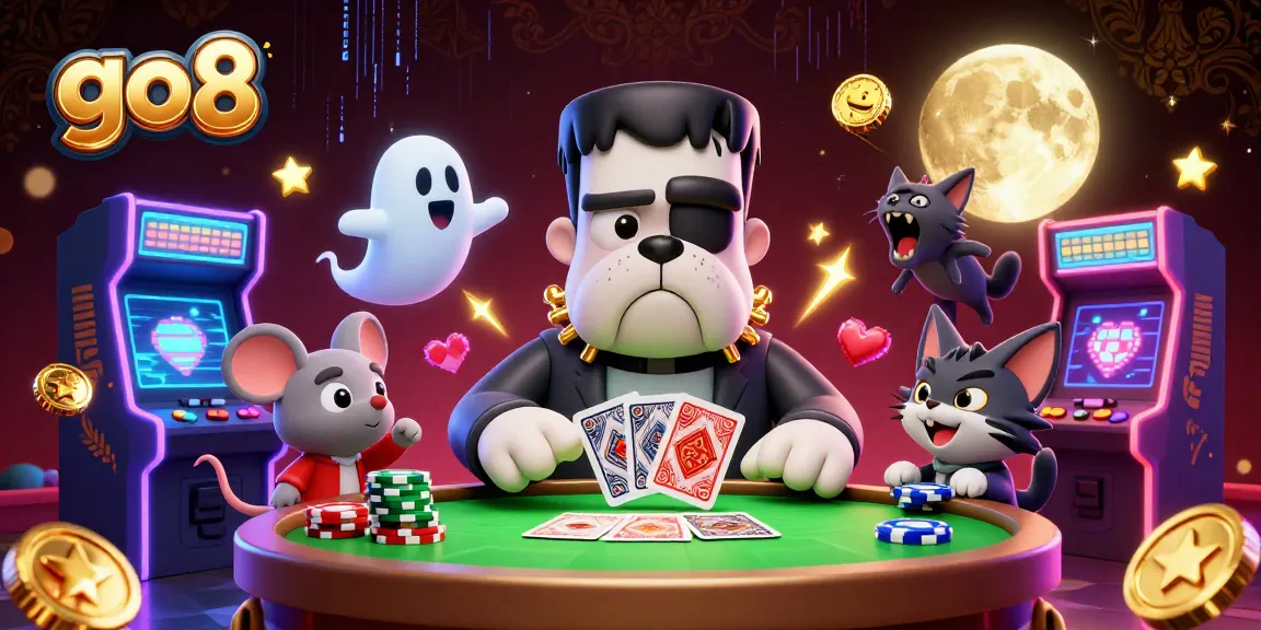Go8 feature a thrilling card game scene with a spooky bulldog dealer and a ghost mouse.