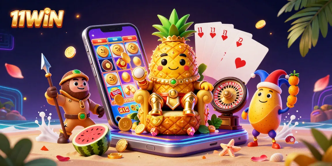 Experience thrilling gameplay with the vibrant 11WIN casino illustration showcasing dynamic characters and casino elements.