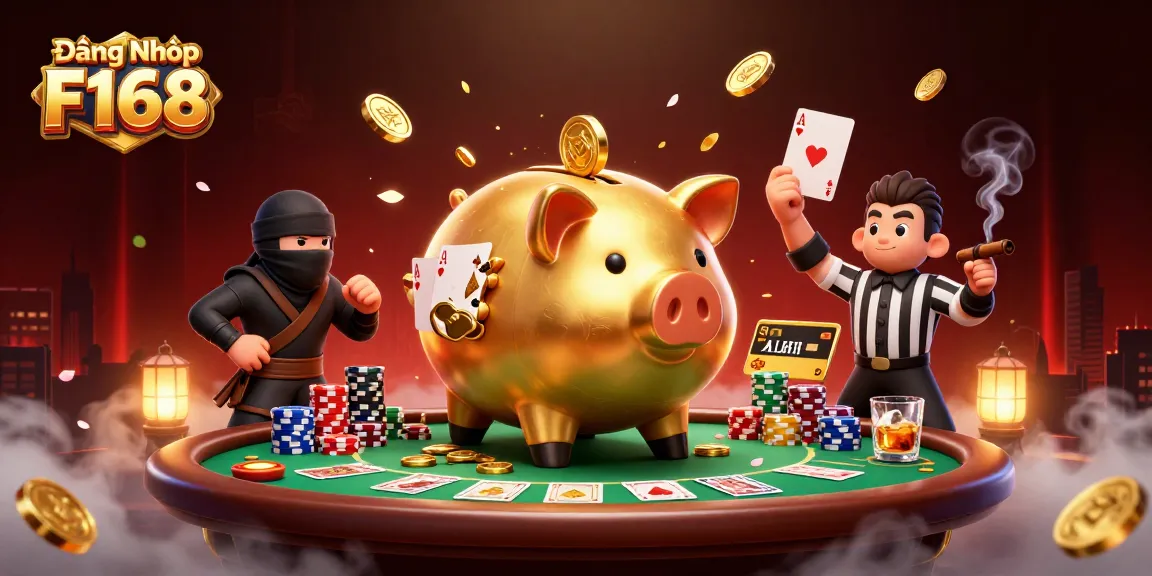 Experience Đăng Nhập F168 with a sumo wrestler shaking coins in this vibrant casino illustration.