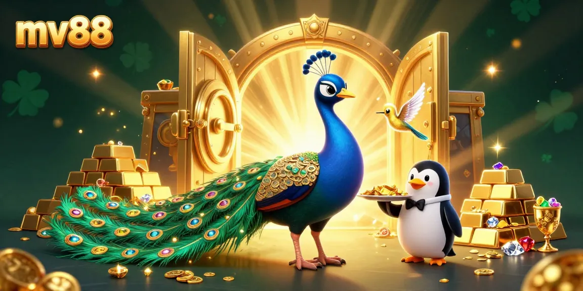 Bet big at mv88 while surrounded by treasures of gems and golden chips in this vibrant casino scene.