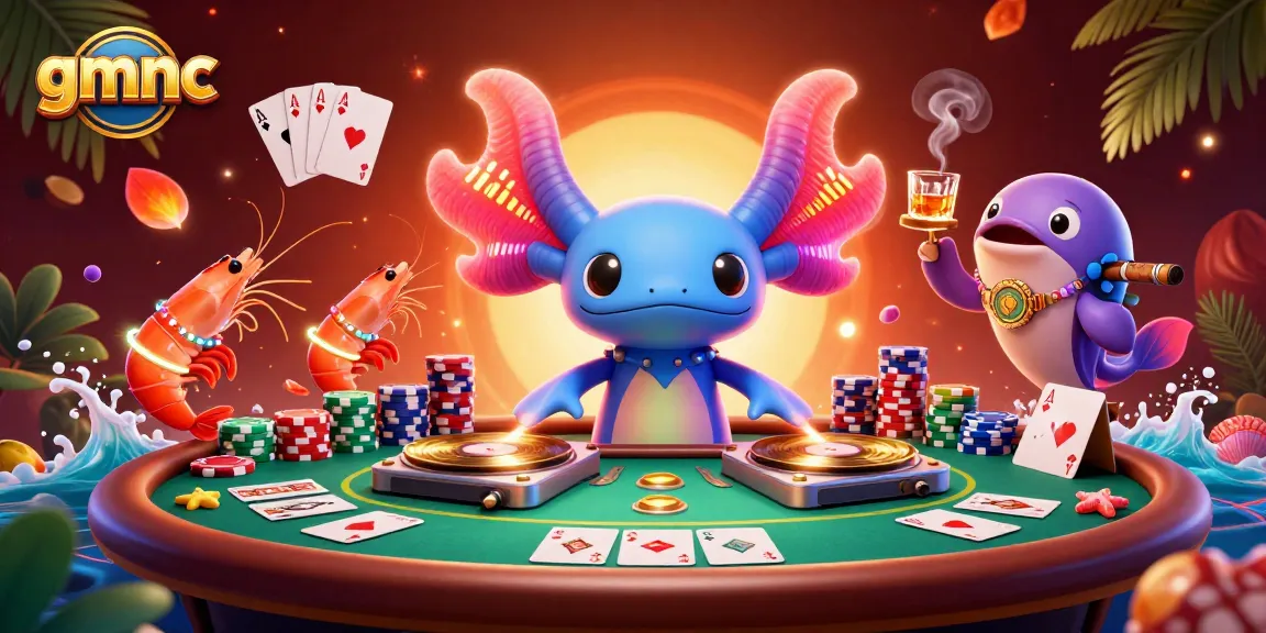 Engaging scene showcasing gmnc's vibrant axolotl DJ spinning at a lively poker table.