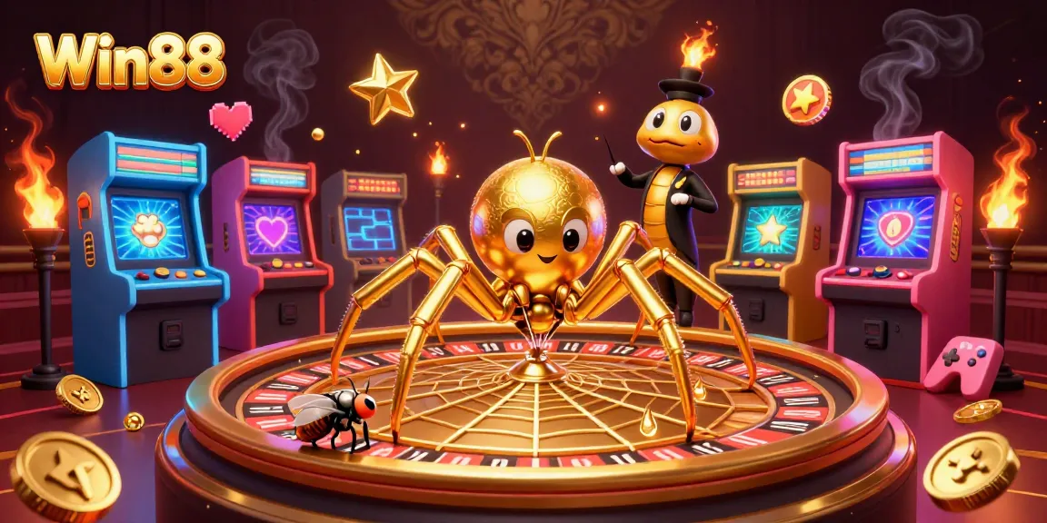 Engaging illustration with Win88 as a golden spider spins a roulette wheel web, reflecting excitement of gambling.