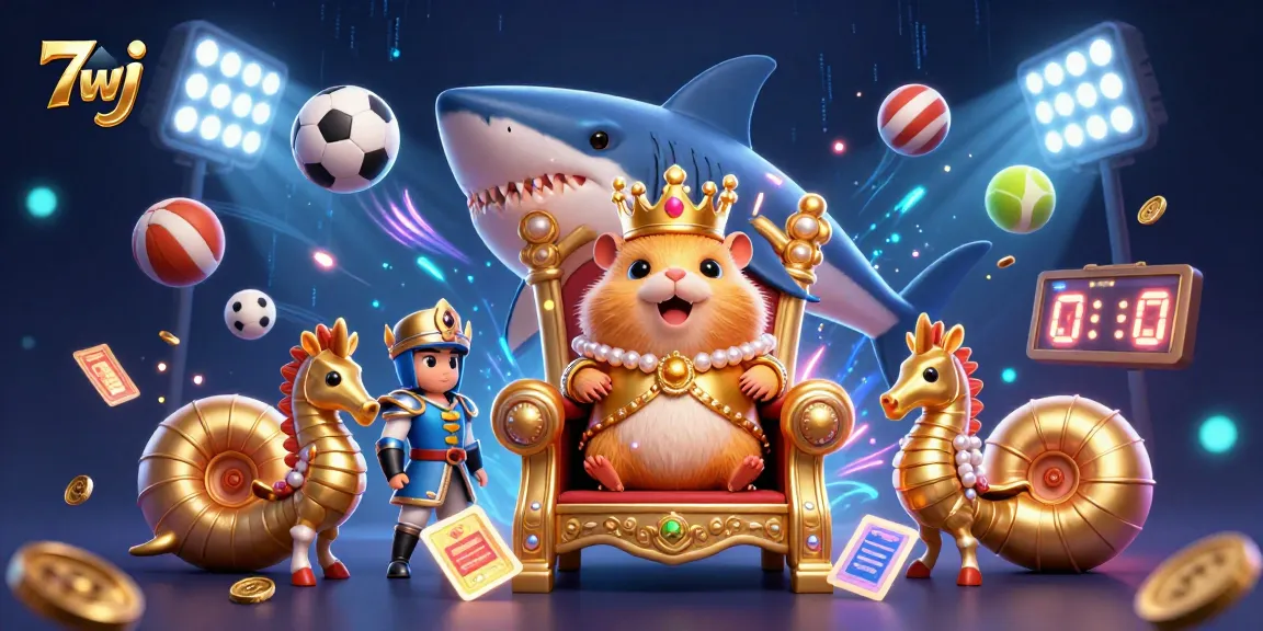 Bet on exciting sports with 7wj: a fierce hamster king and royal seahorses guard a bustling casino scene.