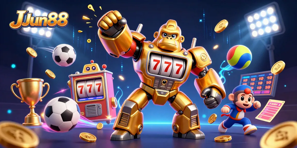 Engage with JJun88's vibrant casino experience featuring a golden gorilla mech amidst dynamic sports elements.