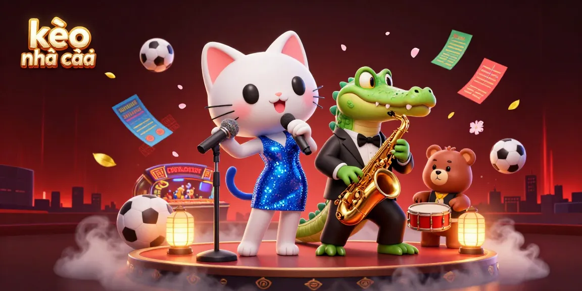 Bet on kèo nhà cái with this vibrant 3D scene featuring a cat singer, crocodile, and bear in a casino setting.
